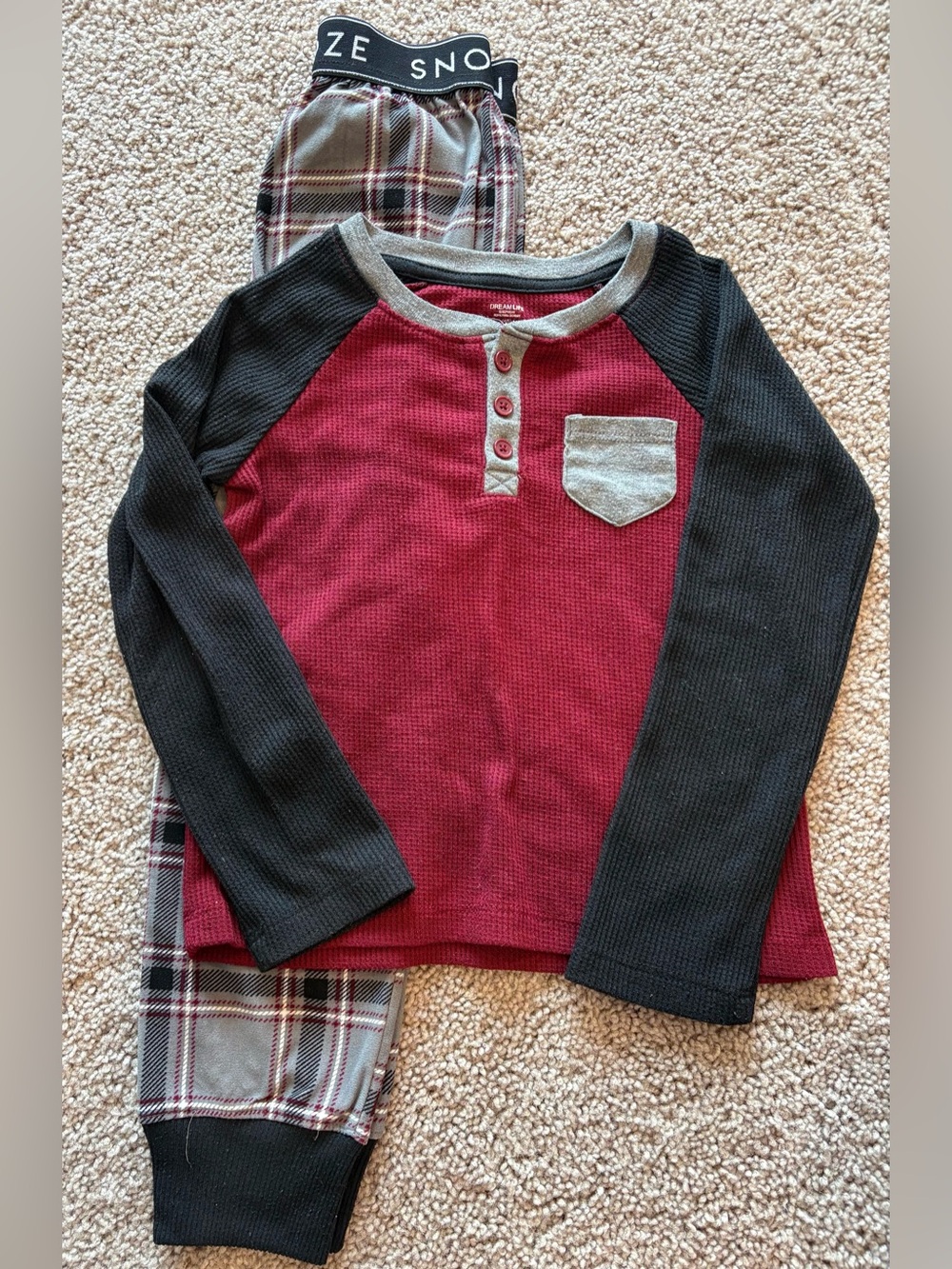 Kids Two-Piece Waffle Henley Pajama Set - Red and Black